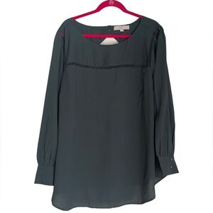 LOFT dark green long sleeve blouse with eyelet detail and back cutout